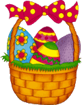 easter basket with colored eggs and brightly colored ribbons