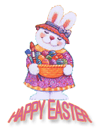 Easter bunny with big basket of colored eggs
