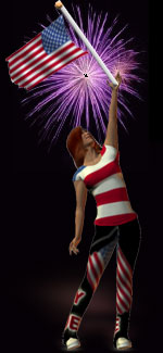 woman with American flag on black with fireworks