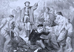 Christopher Columbus surrounded by Indians in the New World