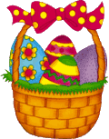 easter basket with colored eggs and brightly colored ribbons - png
