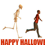 skeleton chasing girl with Happy Halloween animated