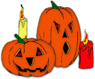 spooky jack-o-lanterns with burning candles