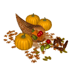cornucopia and pumpkins with fruit and autumn leaves