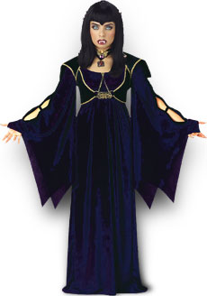 vampire in dark dress showing her large fangs